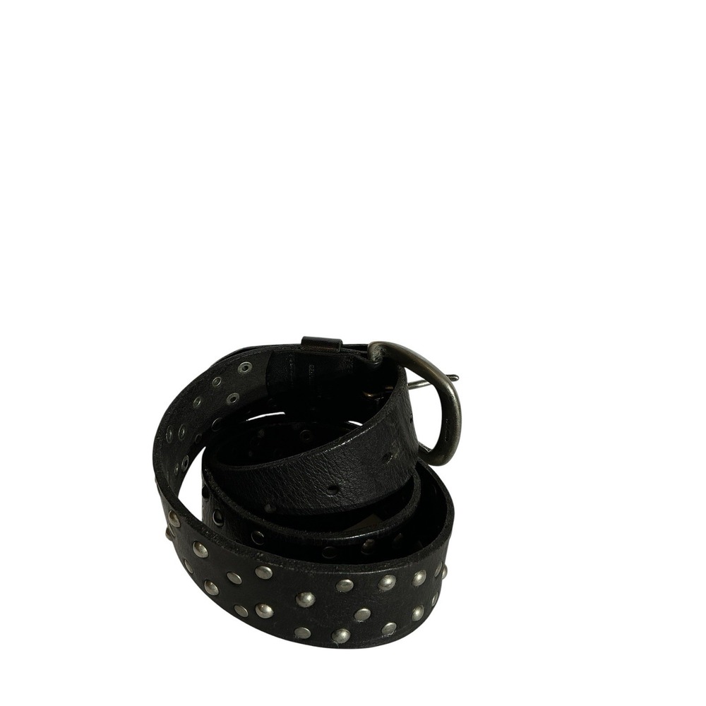 Black Leather Belt Silver Tone Studs & Rivets Solid Brass Buckle silver Overlay